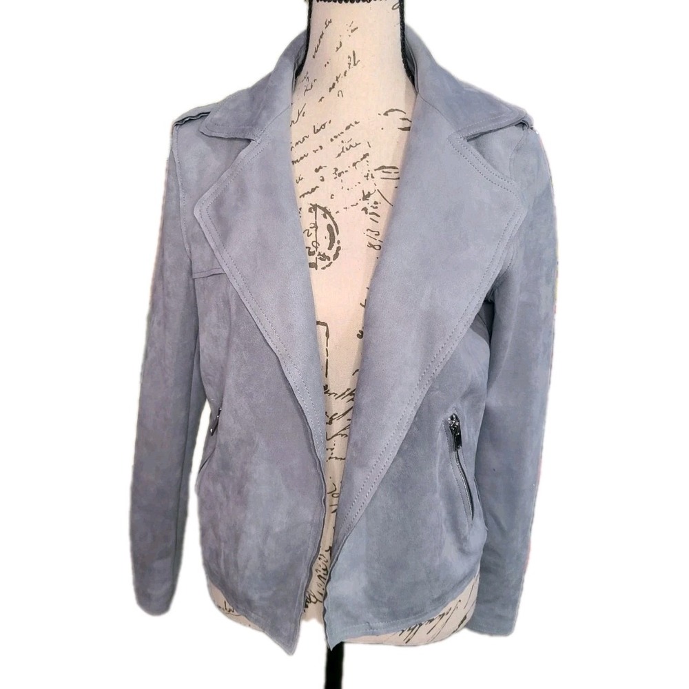 Philosophy Faux Suede Jacket Womens XS Lt Blue Gray Moto Style Waterfall Collar